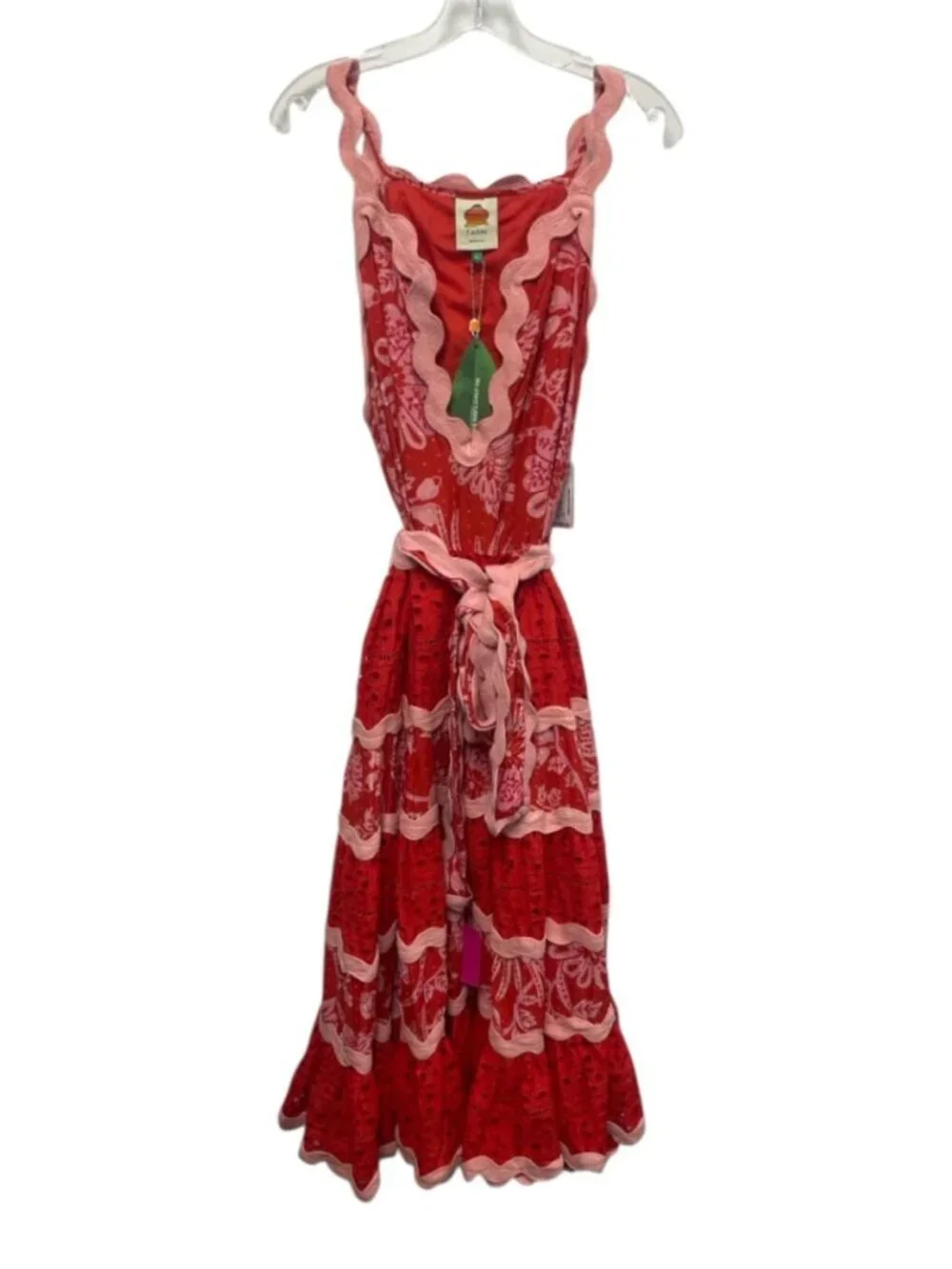 FARM RIO Flowerful Birds Maxi Dress XL NWT Red Pink Eyelet Lace V-Neck Plunge - Picture 12 of 13